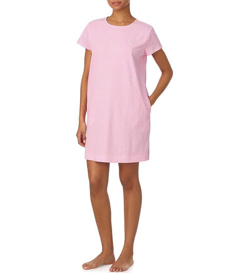 Lauren Ralph Lauren Stripe Short Sleeve Crew Neck Knit Short Nightgown