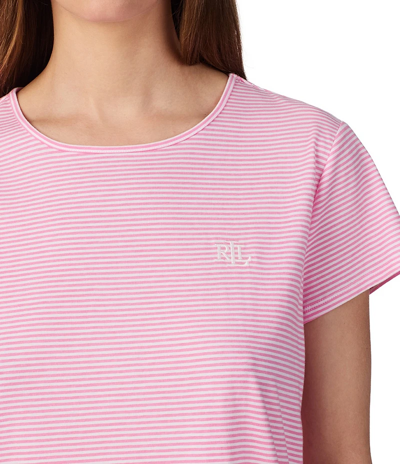 Lauren Ralph Lauren Stripe Cap Sleeve Crew Neck Knit Short Nightgown