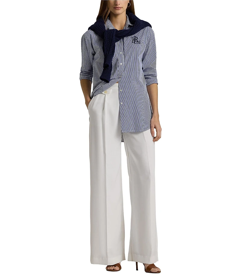 Lauren Ralph Lauren Stripe Stretch Cotton Point Collar Long Sleeve Embroidered Logo Shirt