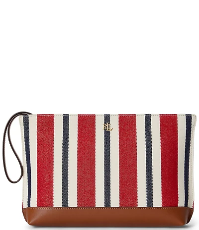 Lauren Ralph Lauren Striped Canvas Leather Large Wristlet Pouch