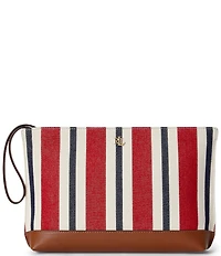 Lauren Ralph Lauren Striped Canvas Leather Large Wristlet Pouch