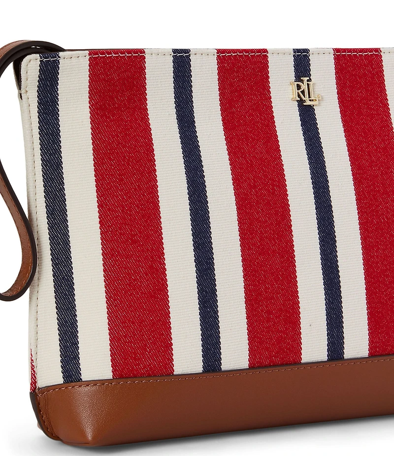 Lauren Ralph Lauren Striped Canvas Leather Large Wristlet Pouch