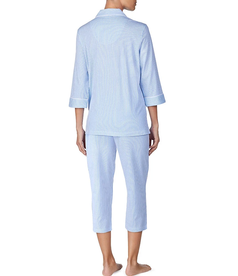 Lauren Ralph Lauren Striped Jersey Notch Collar 3/4 Sleeve Pajama Set
