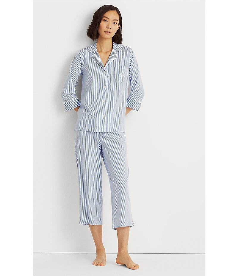Lauren Ralph Lauren Striped Jersey Notch Collar 3/4 Sleeve Pajama Set