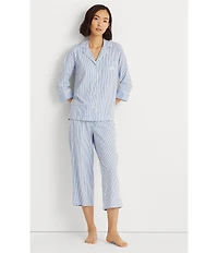 Lauren Ralph Lauren Striped Jersey Notch Collar 3/4 Sleeve Pajama Set