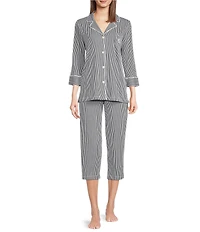 Lauren Ralph Lauren Striped Jersey Notch Collar 3/4 Sleeve Pajama Set