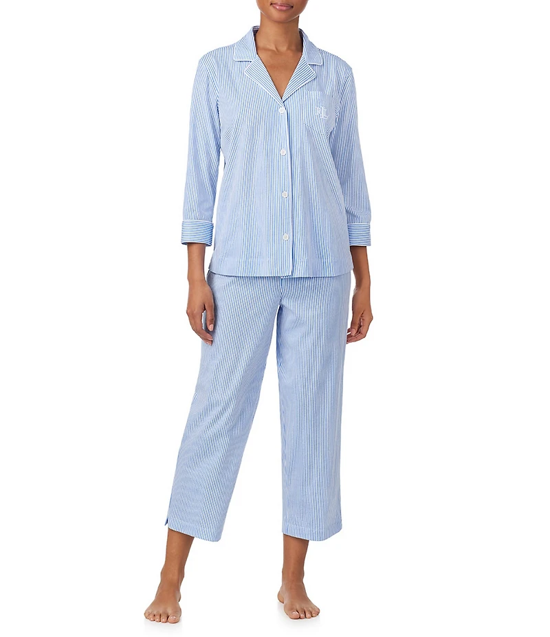 Lauren Ralph Lauren Striped Jersey Notch Collar 3/4 Sleeve Pajama Set