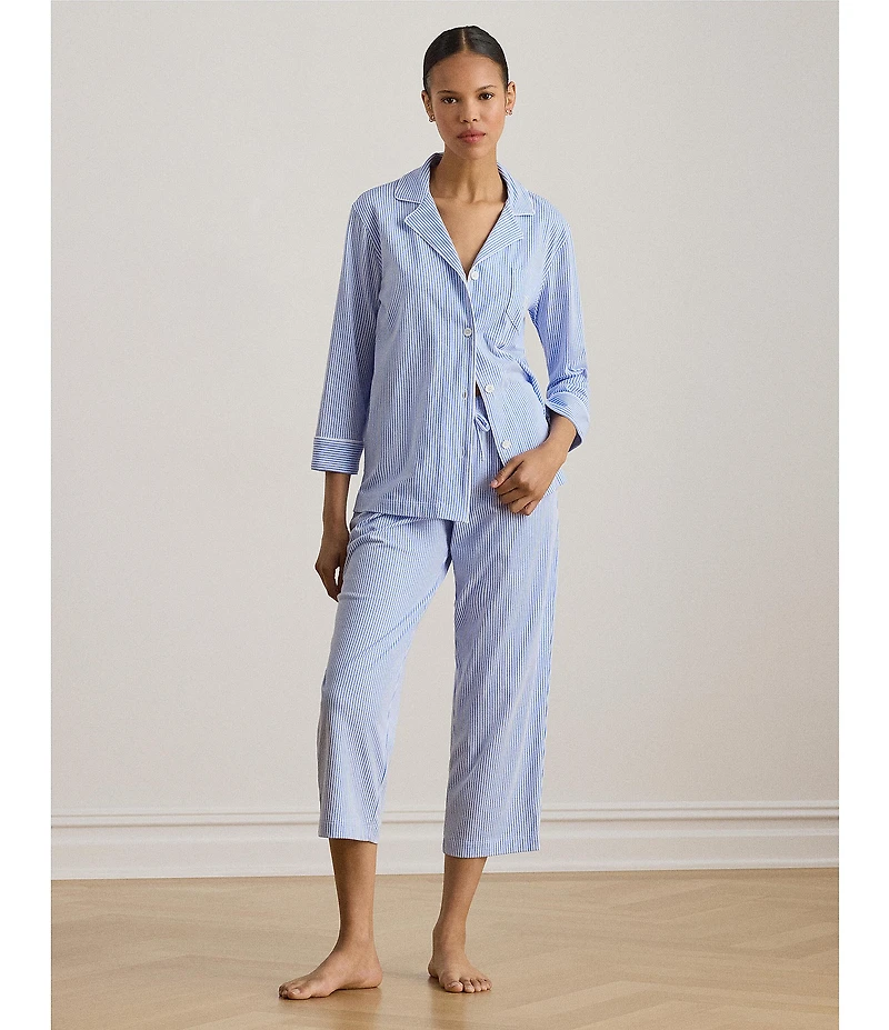 Lauren Ralph Lauren Striped Jersey Notch Collar 3/4 Sleeve Pajama Set