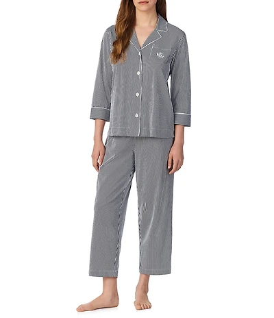 Lauren Ralph Lauren Striped Jersey Notch Collar 3/4 Sleeve Pajama Set
