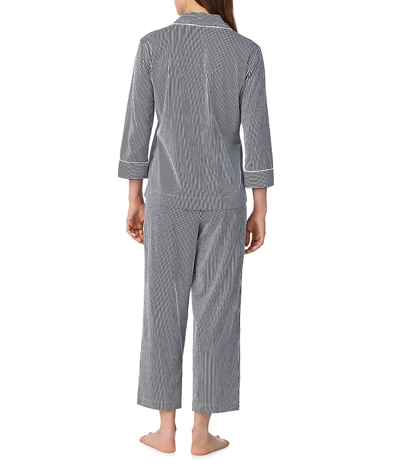 Lauren Ralph Lauren Striped Jersey Notch Collar 3/4 Sleeve Pajama Set