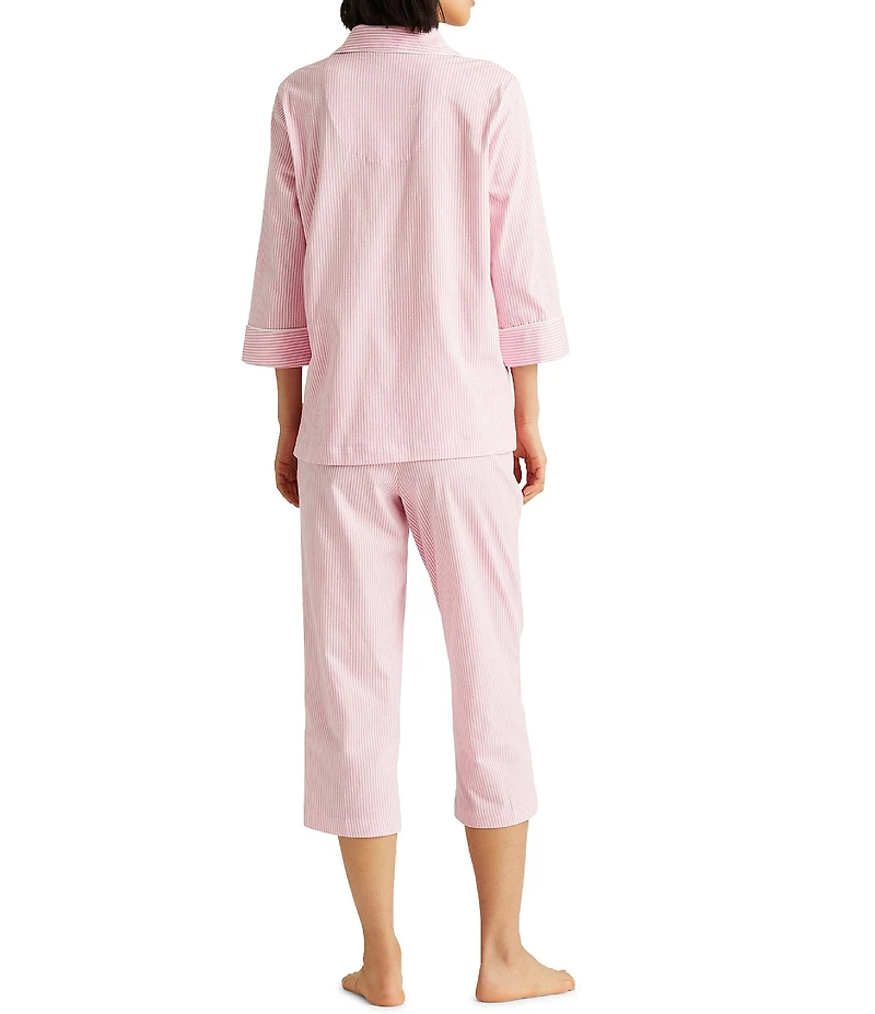 Lauren Ralph Lauren Striped Jersey Notch Collar 3/4 Sleeve Pajama Set