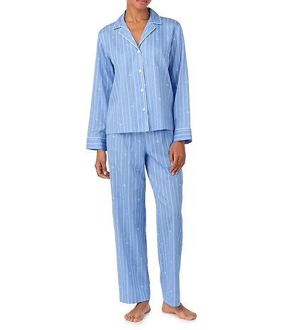 Lauren Ralph Lauren Striped Logo Print Long Sleeve Notch Collar Sateen Long Pajama Set