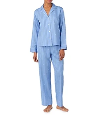 Lauren Ralph Lauren Striped Logo Print Long Sleeve Notch Collar Sateen Long Pajama Set