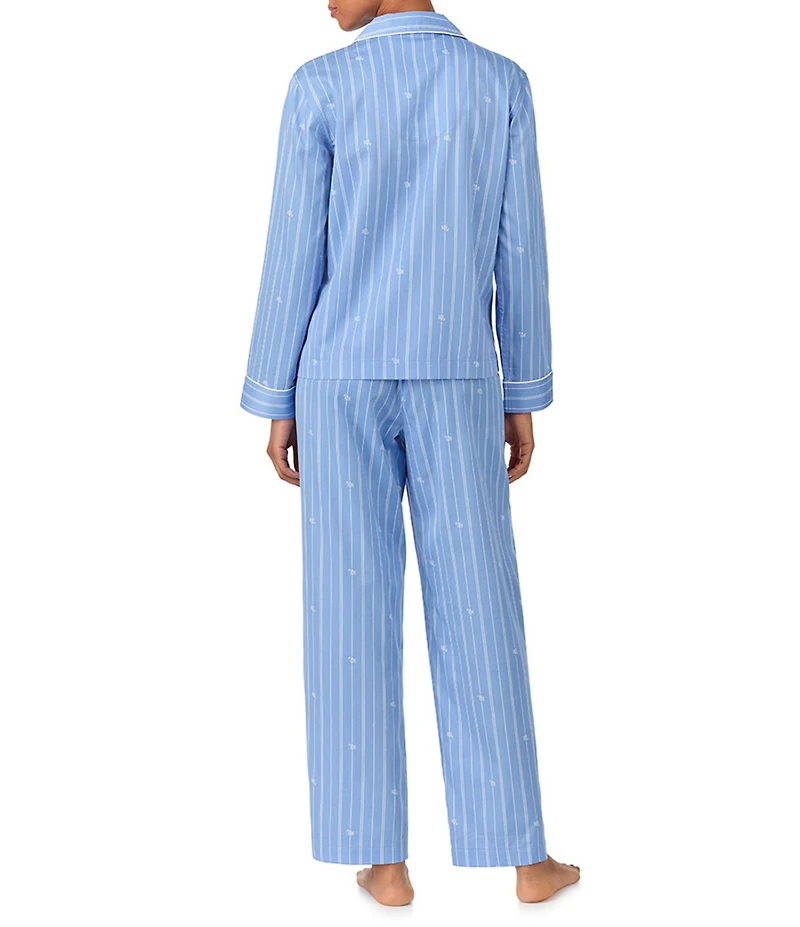 Lauren Ralph Lauren Striped Logo Print Long Sleeve Notch Collar Sateen Long Pajama Set