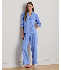 Lauren Ralph Lauren Striped Logo Print Long Sleeve Notch Collar Sateen Long Pajama Set