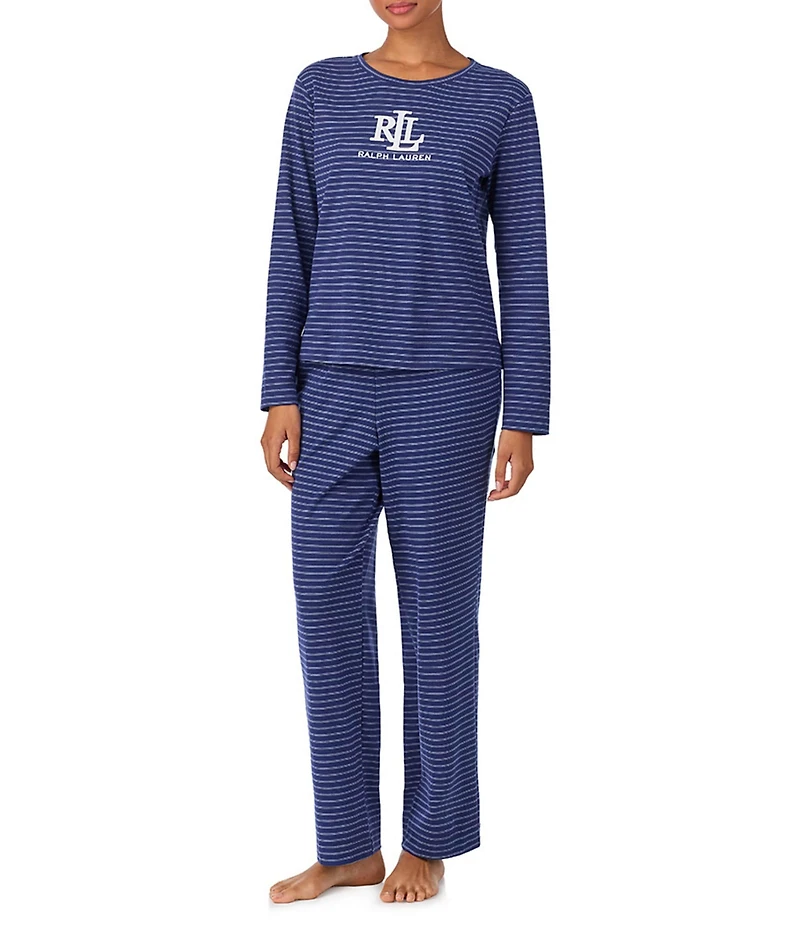 Lauren Ralph Lauren Striped Long Sleeve Crew Neck Knit Pajama Set