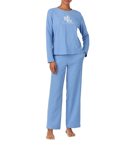 Lauren Ralph Lauren Striped Long Sleeve Crew Neck Knit Pajama Set