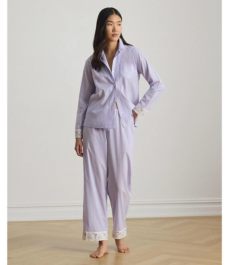 Lauren Ralph Lauren Striped Long Sleeve Notch Collar Woven Long Pajama Set