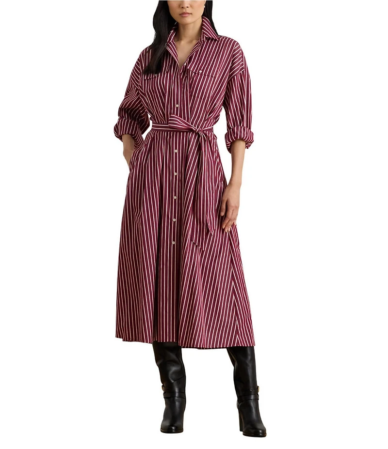 Lauren Ralph Lauren Striped Point Collar Long Sleeve Belted A-Line Midi Dress