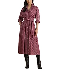 Lauren Ralph Lauren Striped Point Collar Long Sleeve Belted A-Line Midi Dress