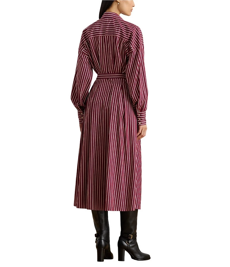 Lauren Ralph Lauren Striped Point Collar Long Sleeve Belted A-Line Midi Dress