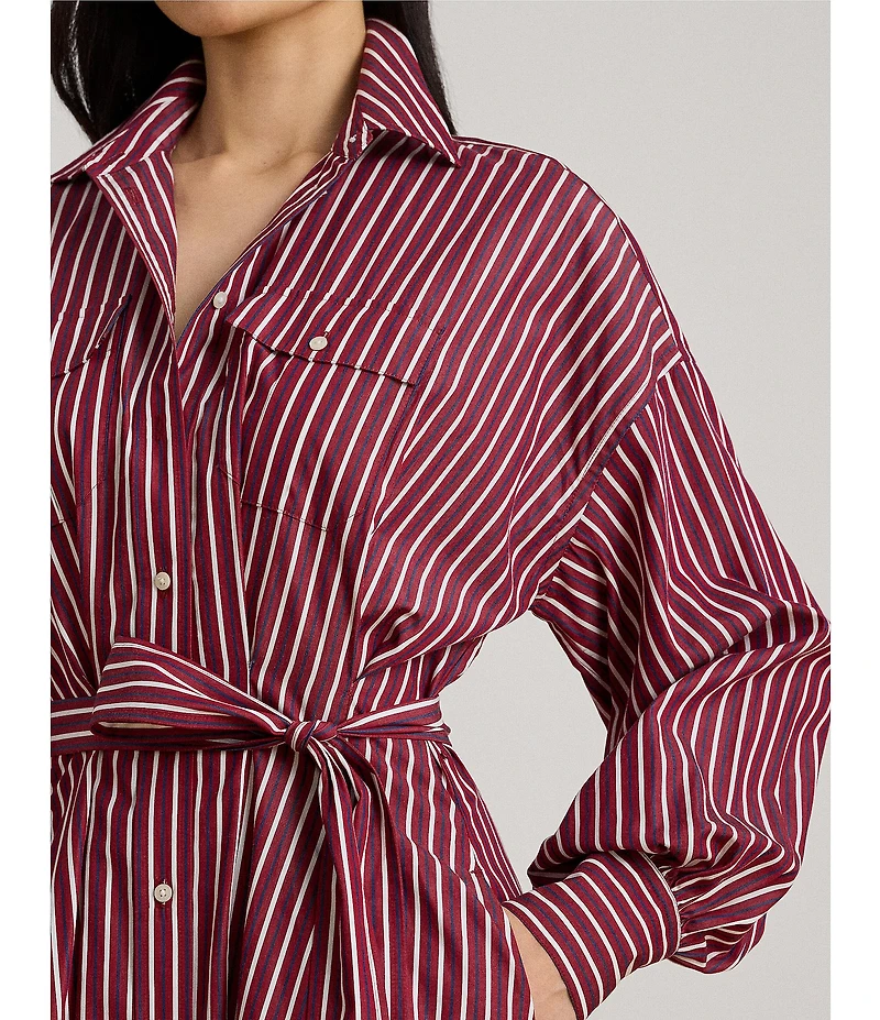 Lauren Ralph Lauren Striped Point Collar Long Sleeve Belted A-Line Midi Dress