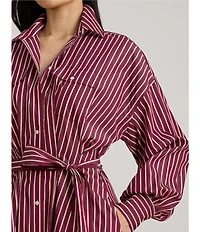 Lauren Ralph Lauren Striped Point Collar Long Sleeve Belted A-Line Midi Dress
