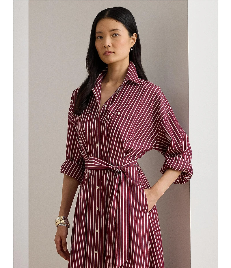 Lauren Ralph Lauren Striped Point Collar Long Sleeve Belted A-Line Midi Dress