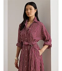 Lauren Ralph Lauren Striped Point Collar Long Sleeve Belted A-Line Midi Dress