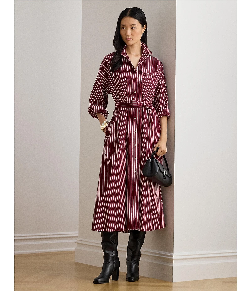 Lauren Ralph Lauren Striped Point Collar Long Sleeve Belted A-Line Midi Dress