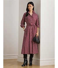 Lauren Ralph Lauren Striped Point Collar Long Sleeve Belted A-Line Midi Dress