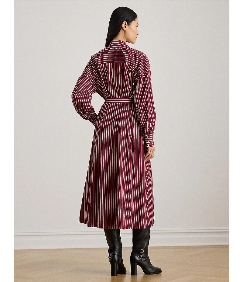 Lauren Ralph Lauren Striped Point Collar Long Sleeve Belted A-Line Midi Dress