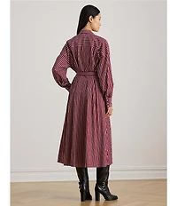 Lauren Ralph Lauren Striped Point Collar Long Sleeve Belted A-Line Midi Dress