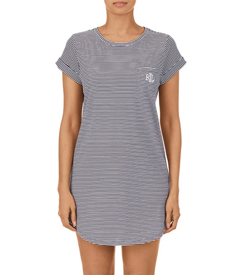 Lauren Ralph Lauren Striped Print Jersey Knit Crew Neck Cuffed Short Sleeve Curved Hem Cotton Nightgown