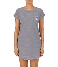 Lauren Ralph Lauren Striped Print Jersey Knit Crew Neck Cuffed Short Sleeve Curved Hem Cotton Nightgown