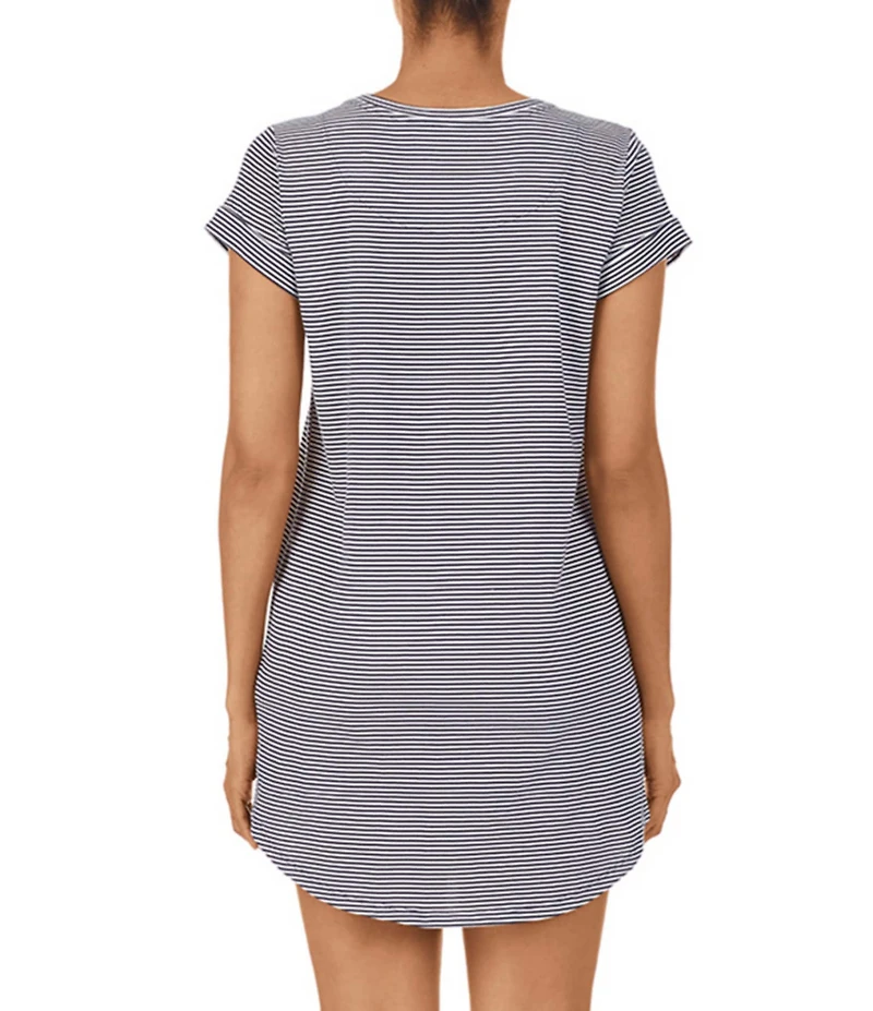 Lauren Ralph Lauren Striped Print Jersey Knit Crew Neck Cuffed Short Sleeve Curved Hem Cotton Nightgown
