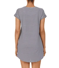Lauren Ralph Lauren Striped Print Jersey Knit Crew Neck Cuffed Short Sleeve Curved Hem Cotton Nightgown