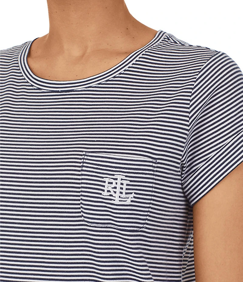 Lauren Ralph Lauren Striped Print Jersey Knit Crew Neck Cuffed Short Sleeve Curved Hem Cotton Nightgown