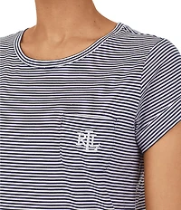 Lauren Ralph Lauren Striped Print Jersey Knit Crew Neck Cuffed Short Sleeve Curved Hem Cotton Nightgown