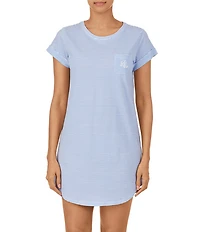 Lauren Ralph Lauren Striped Print Jersey Knit Crew Neck Cuffed Short Sleeve Curved Hem Cotton Nightgown