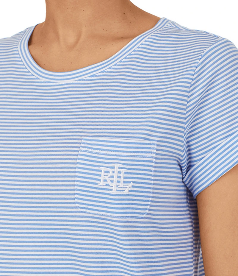 Lauren Ralph Lauren Striped Print Jersey Knit Crew Neck Cuffed Short Sleeve Curved Hem Cotton Nightgown