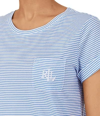 Lauren Ralph Lauren Striped Print Jersey Knit Crew Neck Cuffed Short Sleeve Curved Hem Cotton Nightgown