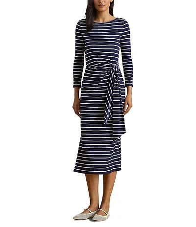 Lauren Ralph Lauren Striped Rib Knit Long Sleeve Tie-Front Dress