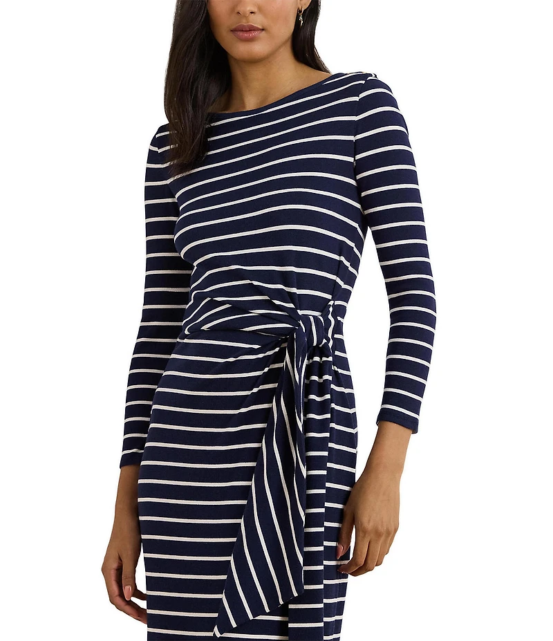 Lauren Ralph Lauren Striped Rib Knit Long Sleeve Tie-Front Dress