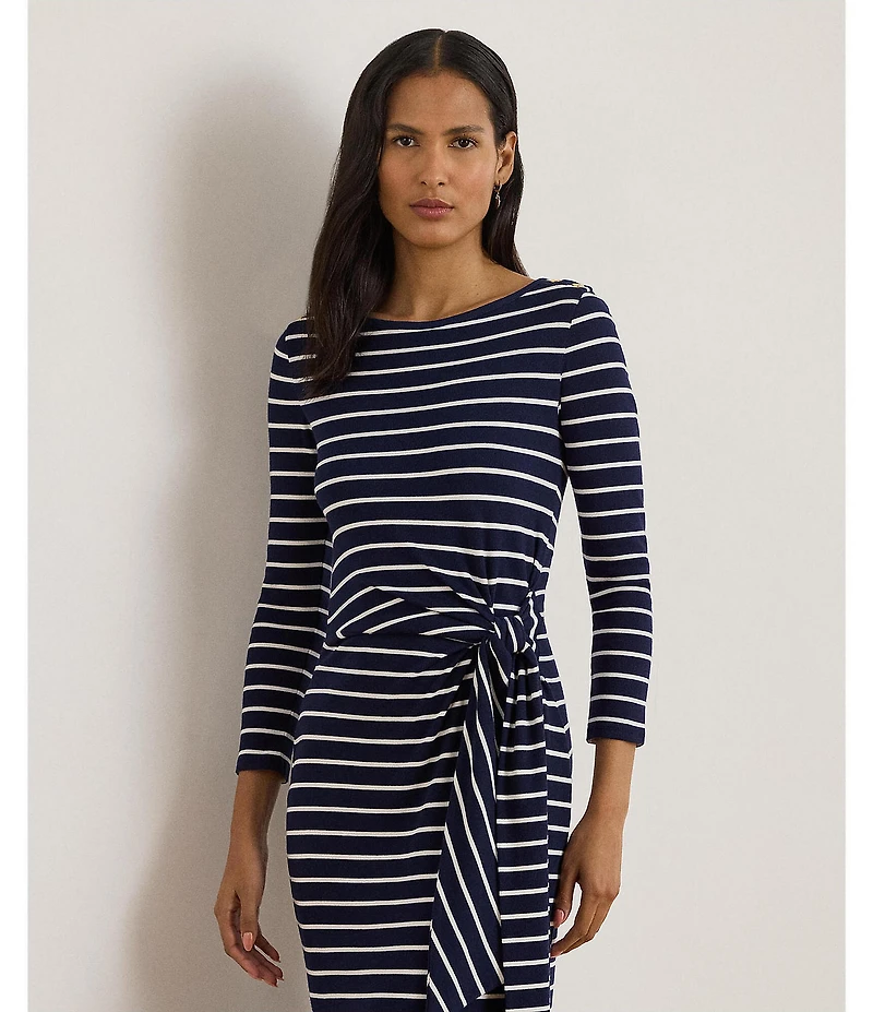Lauren Ralph Lauren Striped Rib Knit Long Sleeve Tie-Front Dress