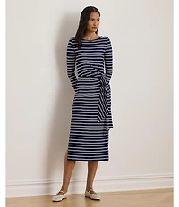 Lauren Ralph Lauren Striped Rib Knit Long Sleeve Tie-Front Dress