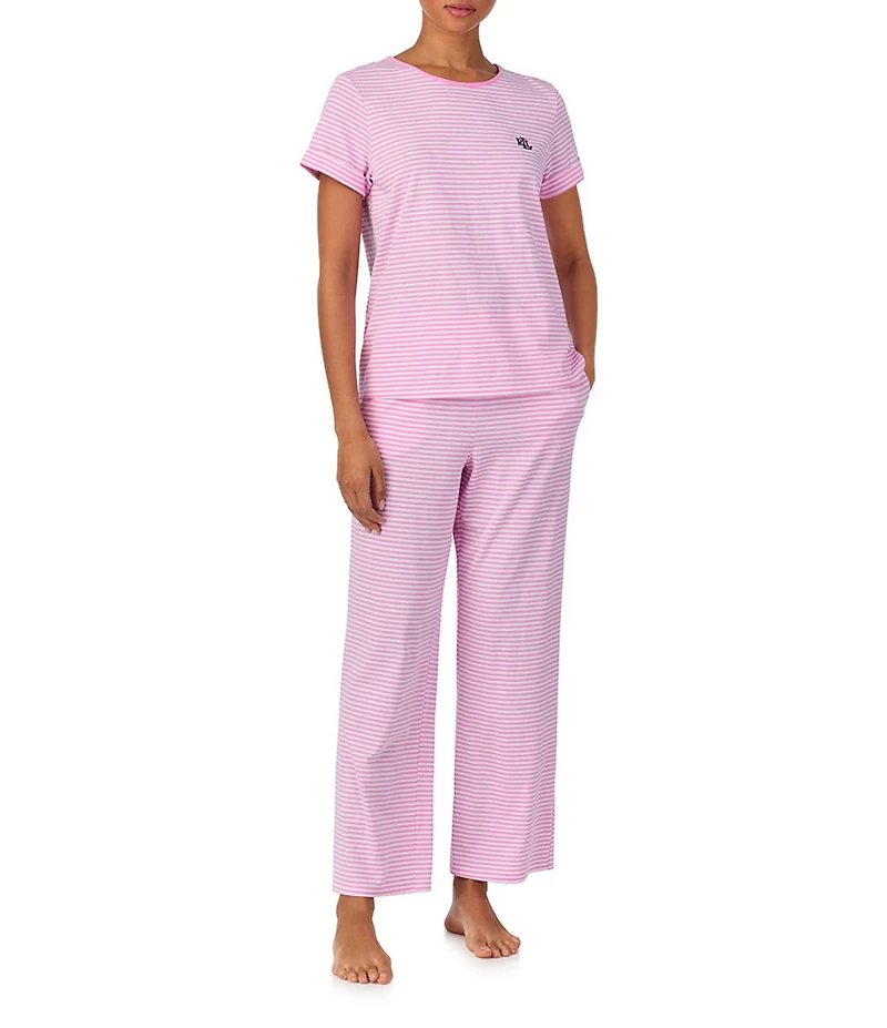 Lauren Ralph Lauren Striped Short Sleeve Crew Neck Jersey Knit Long Pajama Set