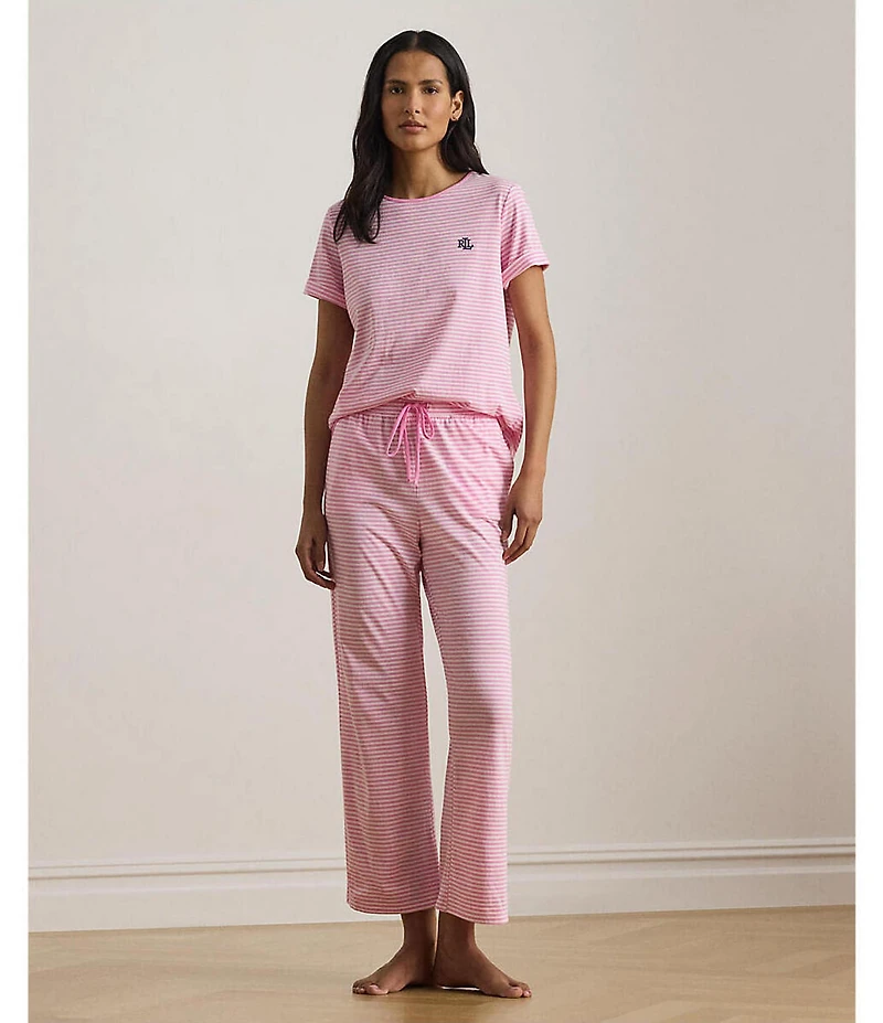 Lauren Ralph Lauren Striped Short Sleeve Crew Neck Jersey Knit Long Pajama Set