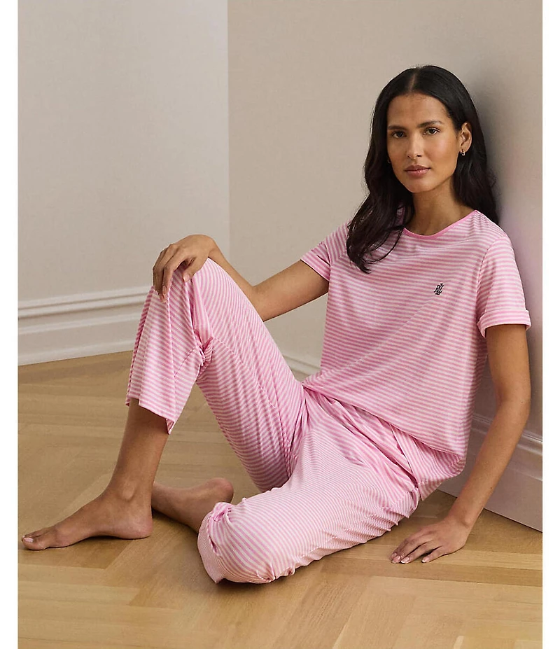 Lauren Ralph Lauren Striped Short Sleeve Crew Neck Jersey Knit Long Pajama Set