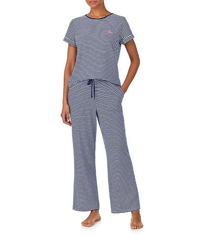 Lauren Ralph Lauren Striped Short Sleeve Crew Neck Jersey Knit Long Pajama Set